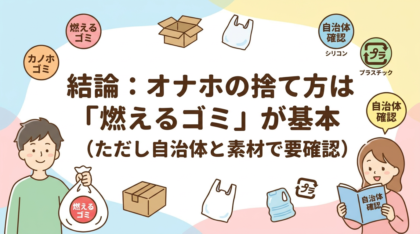 結論：オナホの捨て方は「燃えるゴミ」が基本（ただし自治体と素材で要確認）