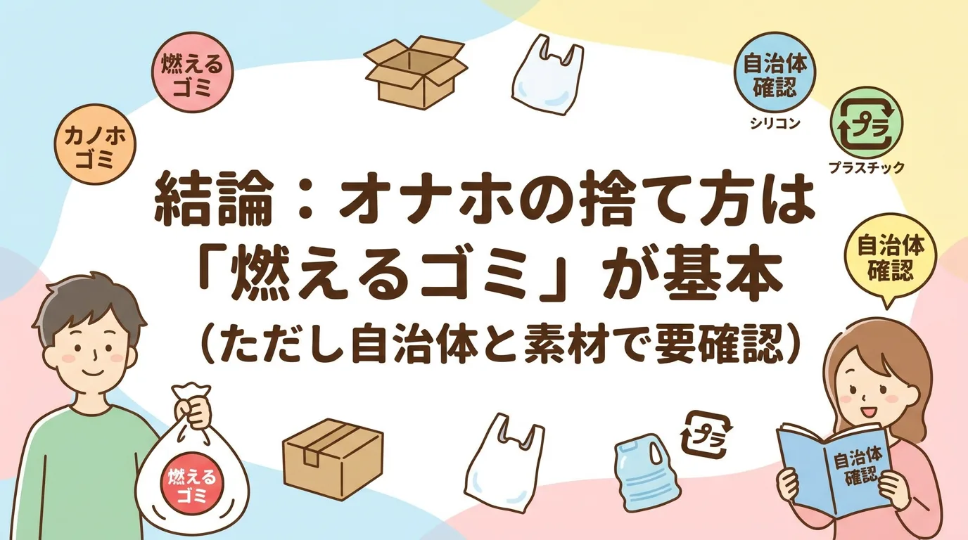 結論：オナホの捨て方は「燃えるゴミ」が基本（ただし自治体と素材で要確認）
