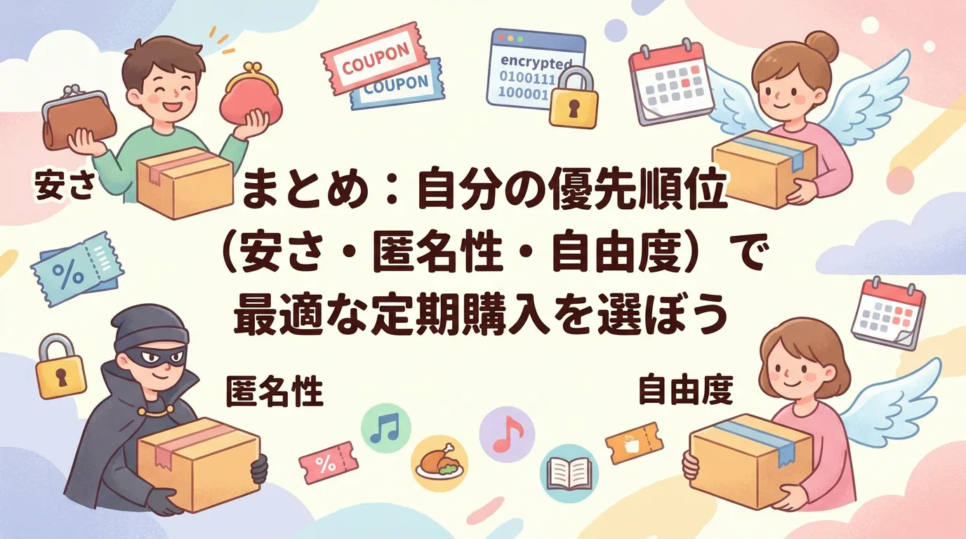 まとめ：自分の優先順位（安さ・匿名性・自由度）で最適な定期購入を選ぼう