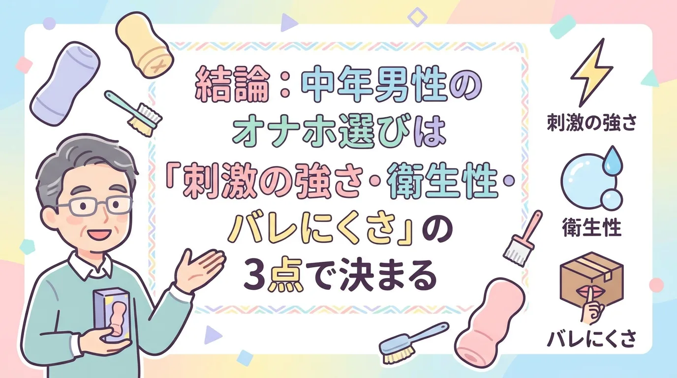 結論:中年男性のオナホ選びは「刺激の強さ・衛生性・バレにくさ」の3点で決まる