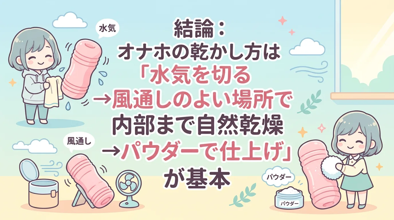 結論:オナホの乾かし方は「水気を切る→風通しのよい場所で内部まで自然乾燥→パウダーで仕上げ」が基本